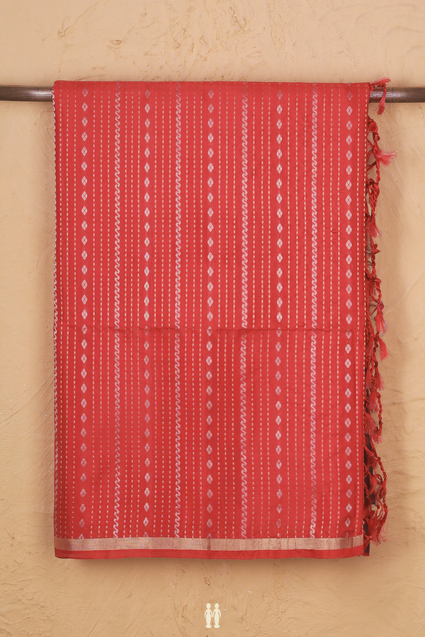 Soft Silk Saree In Scarlet Red With Stripes Design