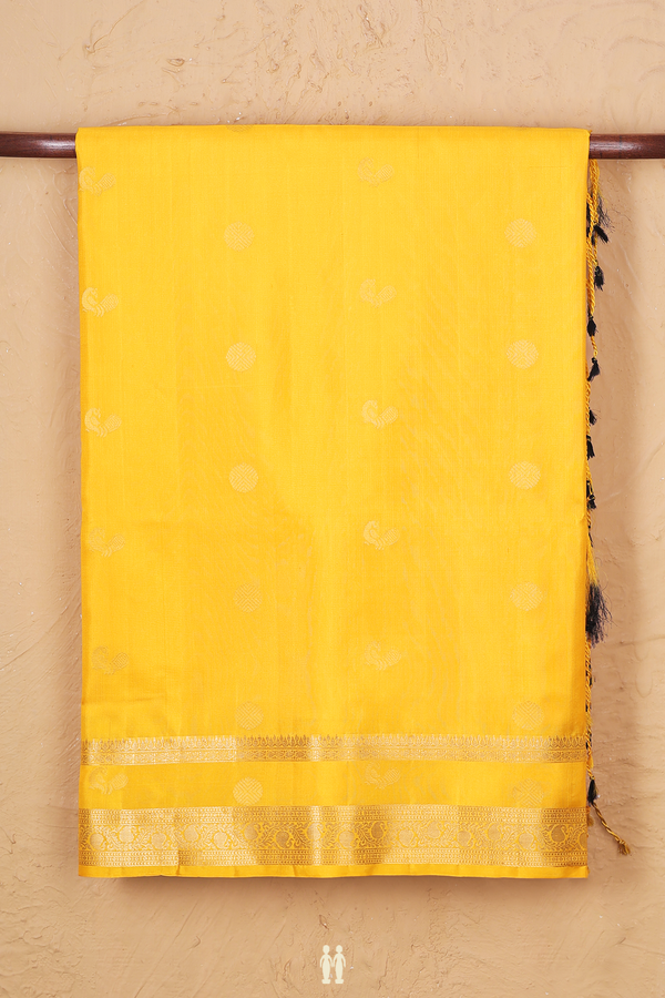 Soft Silk Saree In Bright Yellow With Peacock Buttas