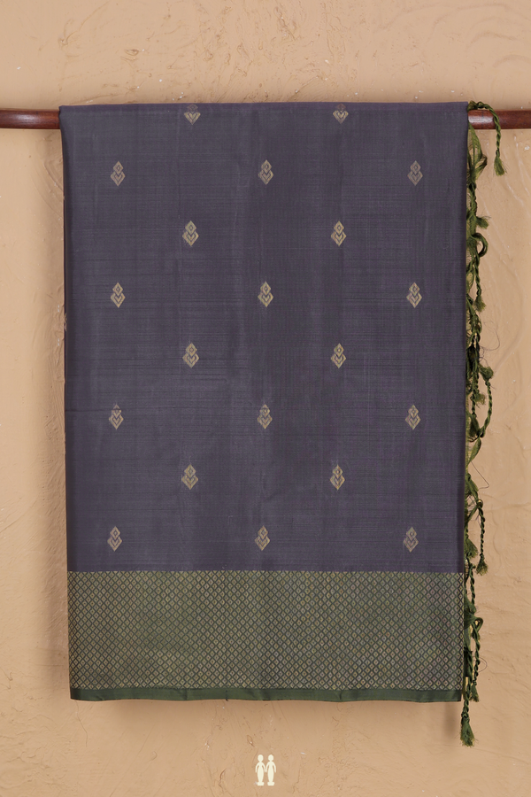 Soft Silk Saree In Dark Grey With Zari Buttas