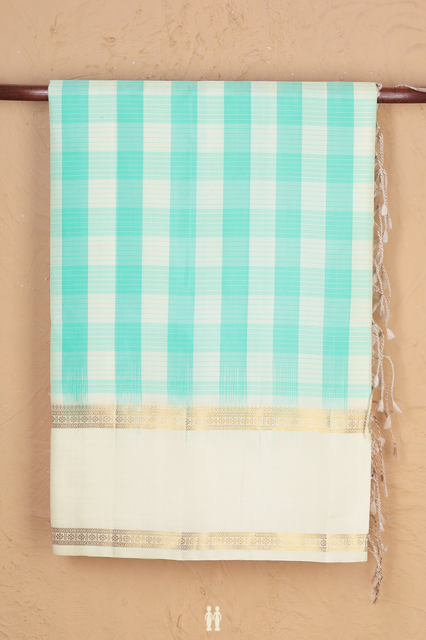 Soft Silk Saree In Blue And Cream With Checks Design