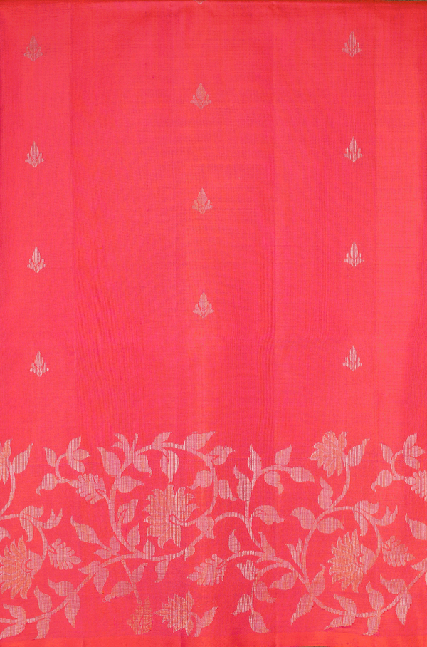Allover Zari Buttis Coral Red Soft Silk Saree