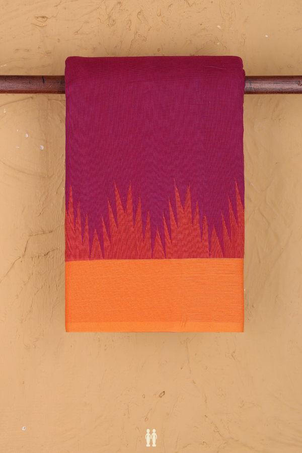 Kanchi Cotton Saree In Plain Deep Magenta With Temple Border
