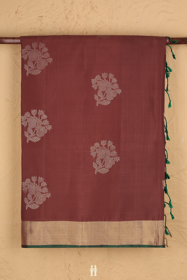Soft Silk Saree In Brick Red With Floral Motifs