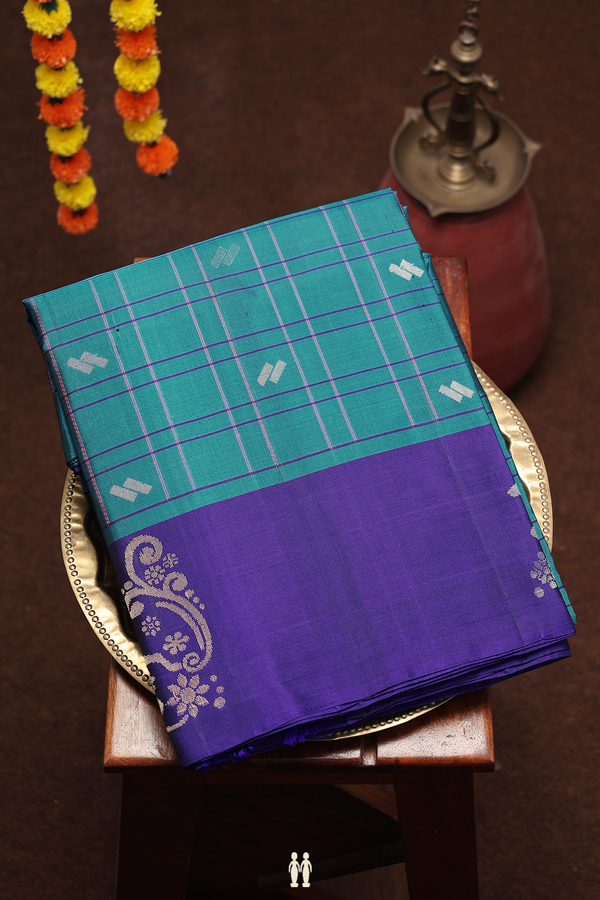 Soft Silk Saree In Teal Blue With Checks Design