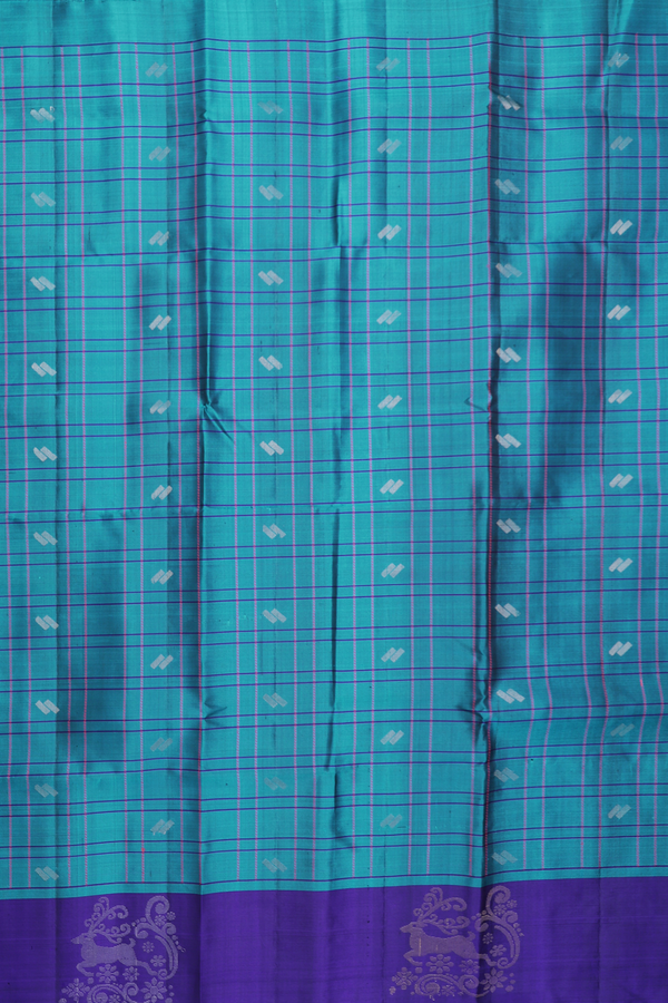 Soft Silk Saree In Teal Blue With Checks Design