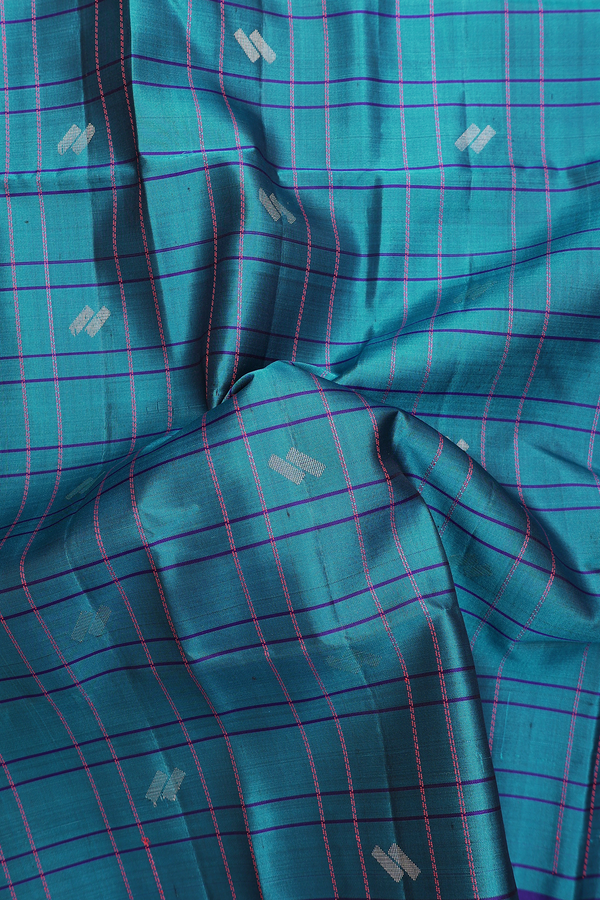 Soft Silk Saree In Teal Blue With Checks Design