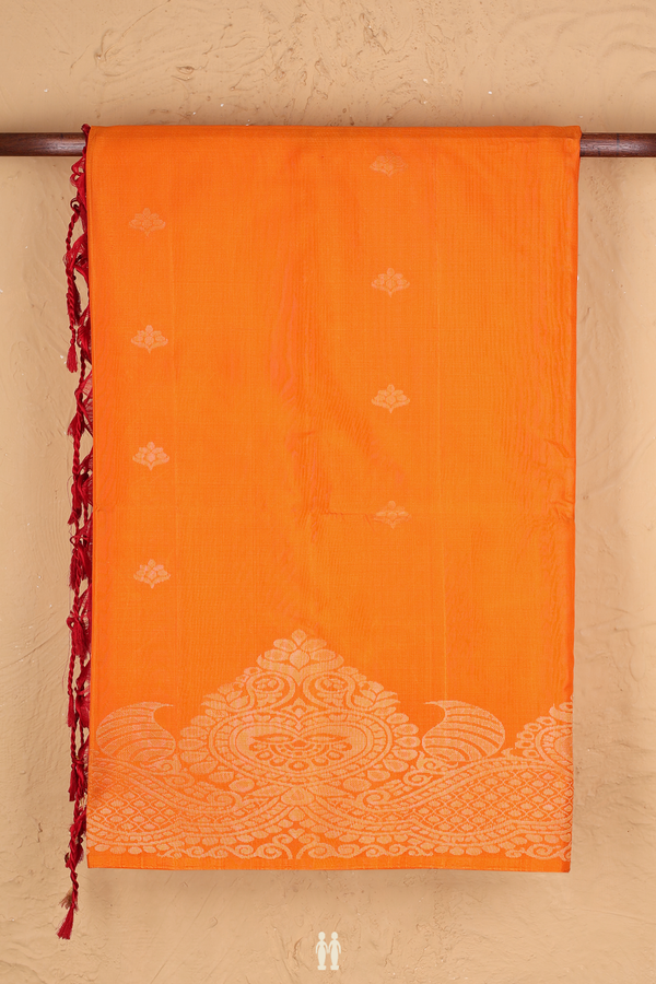 Soft Silk Saree In Bright Orange With Zari Buttas