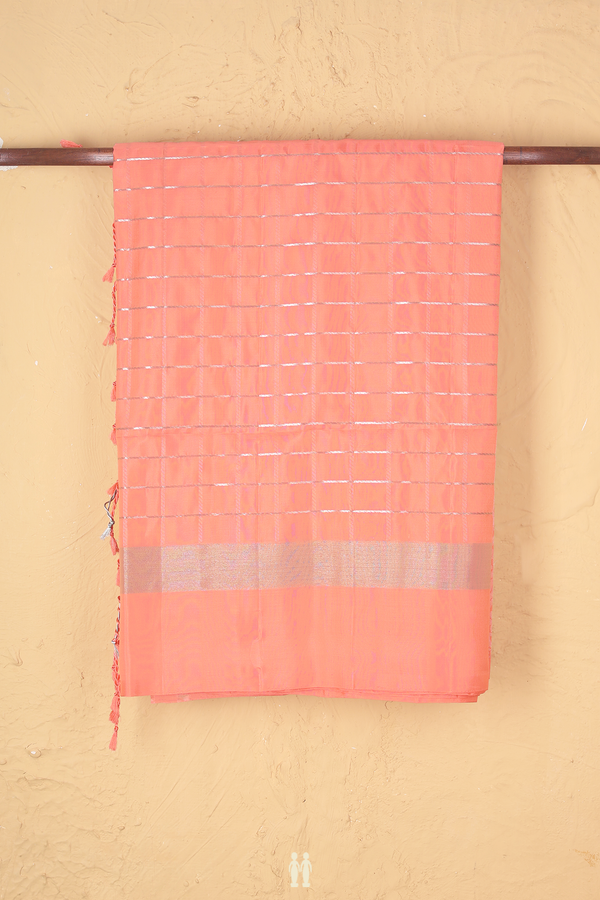 Soft Silk Saree In Peach With Checks Design