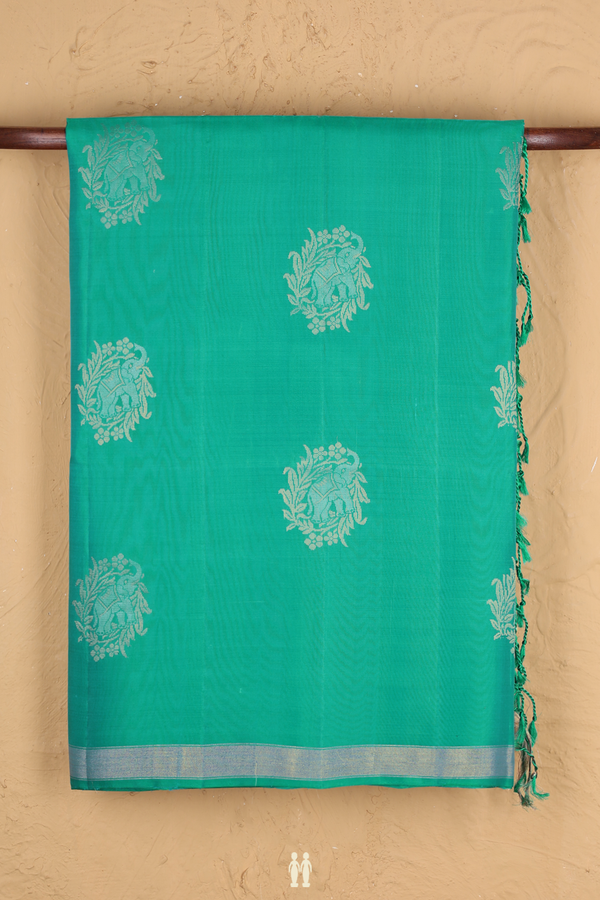 Soft Silk Saree In Aqua Green With Elephant Motifs