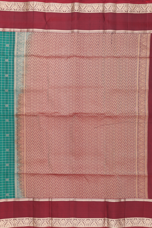 Soft Silk Saree In Peacock Green With Checks Design