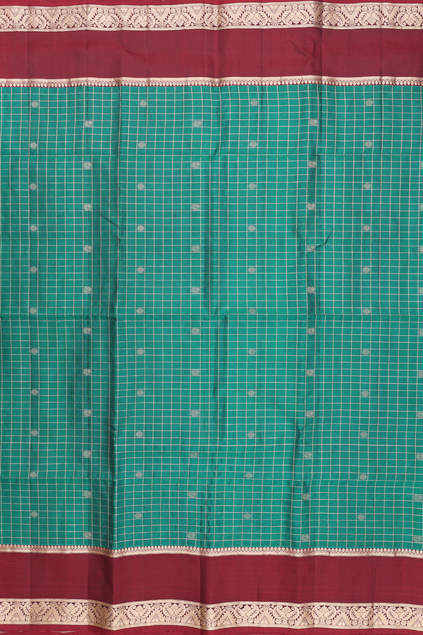 Soft Silk Saree In Peacock Green With Checks Design