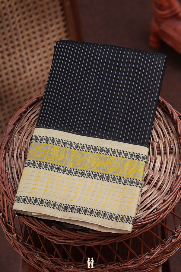 Kanchipuram Silk Saree In Black With Stripes Design