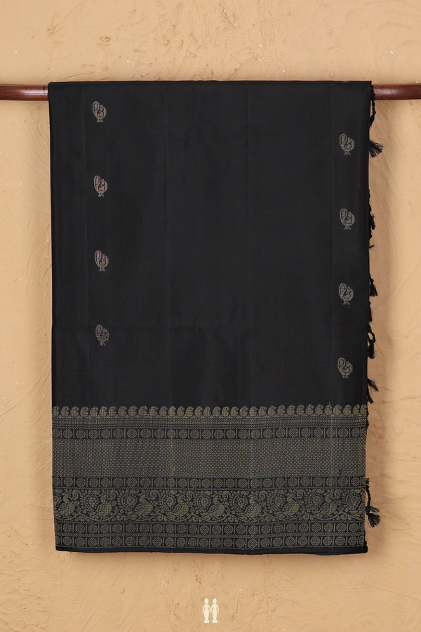 Soft Silk Saree In Black With Peacock Buttas
