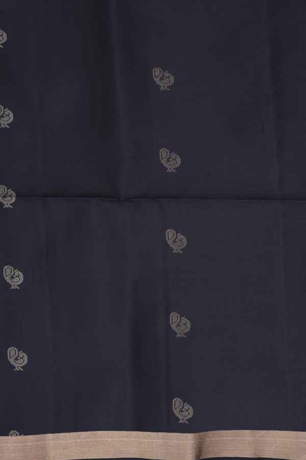 Soft Silk Saree In Black With Peacock Buttas