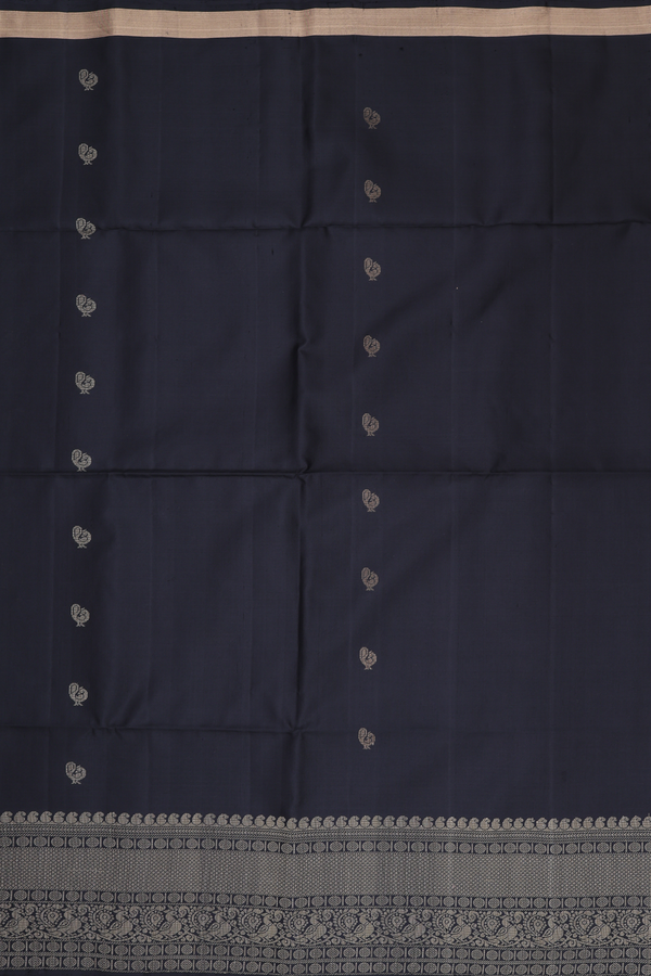 Soft Silk Saree In Black With Peacock Buttas