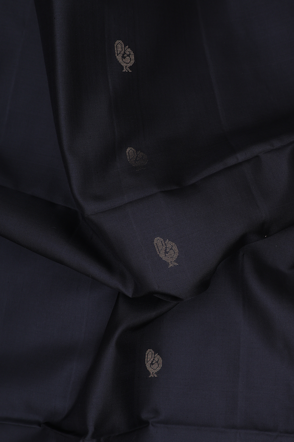 Soft Silk Saree In Black With Peacock Buttas