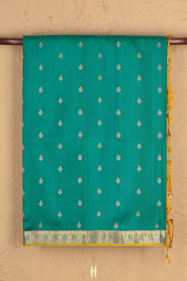 Soft Silk Saree In Peacock Blue With Zari Buttas