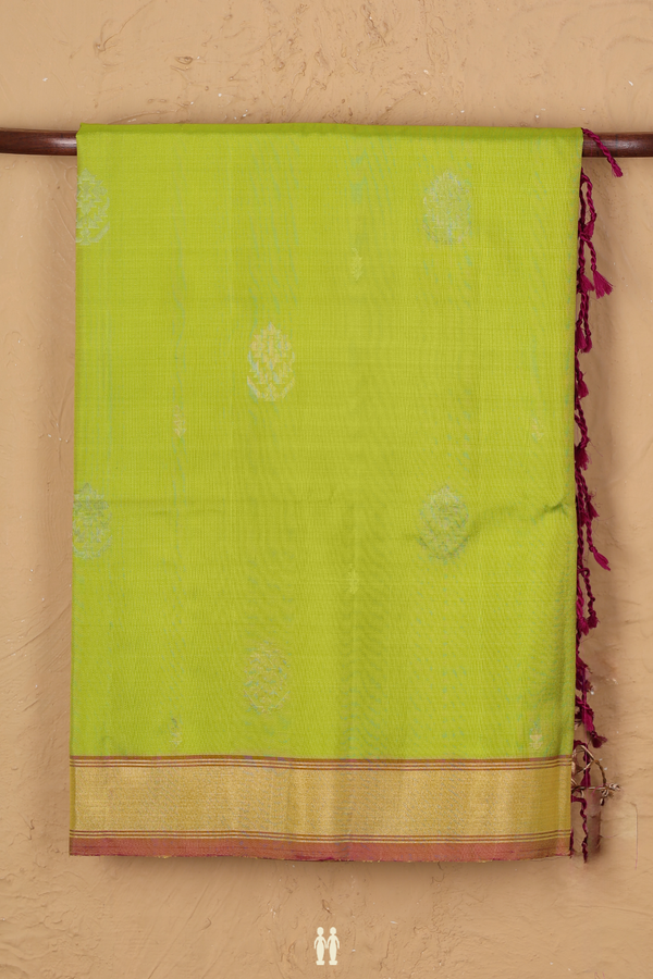 Soft Silk Saree In Lime Green With Zari Buttas