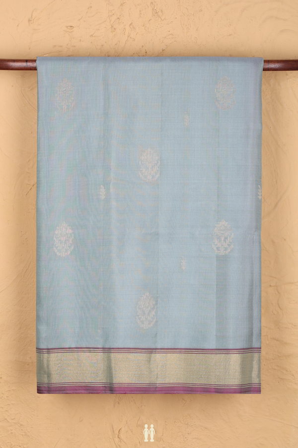 Soft Silk Saree In Stone Blue With Floral Buttas
