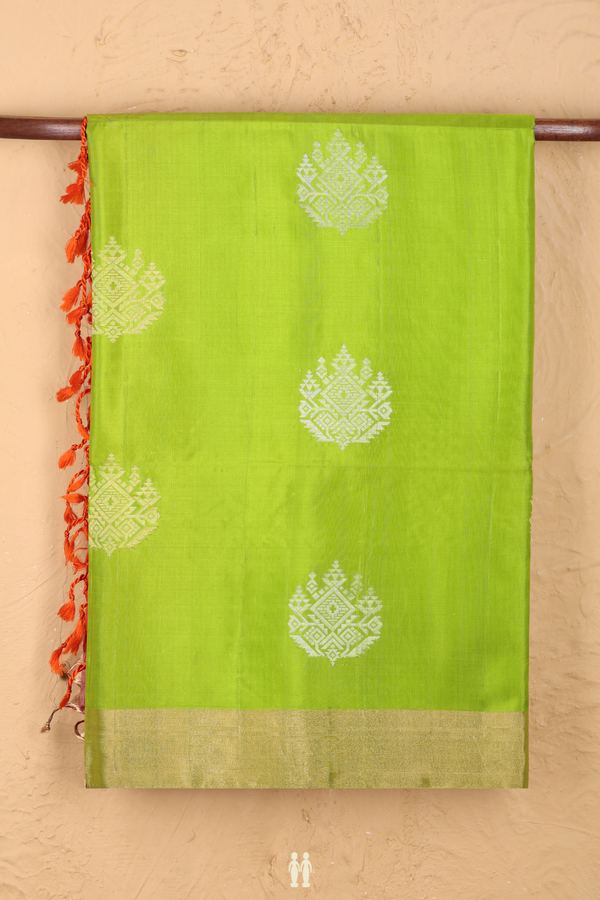 Soft Silk Saree In Lime Green With Zari Motifs
