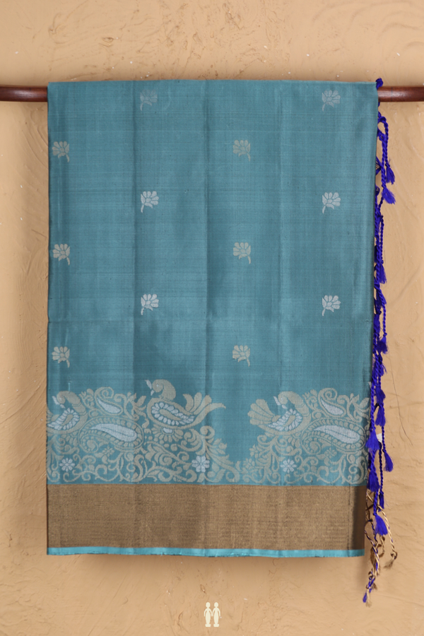 Soft Silk Saree In Turkish Blue With Floral Buttas