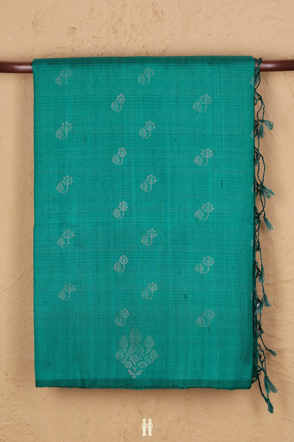 Raw Silk Saree In Peacock Green Along Stripes With Buttas