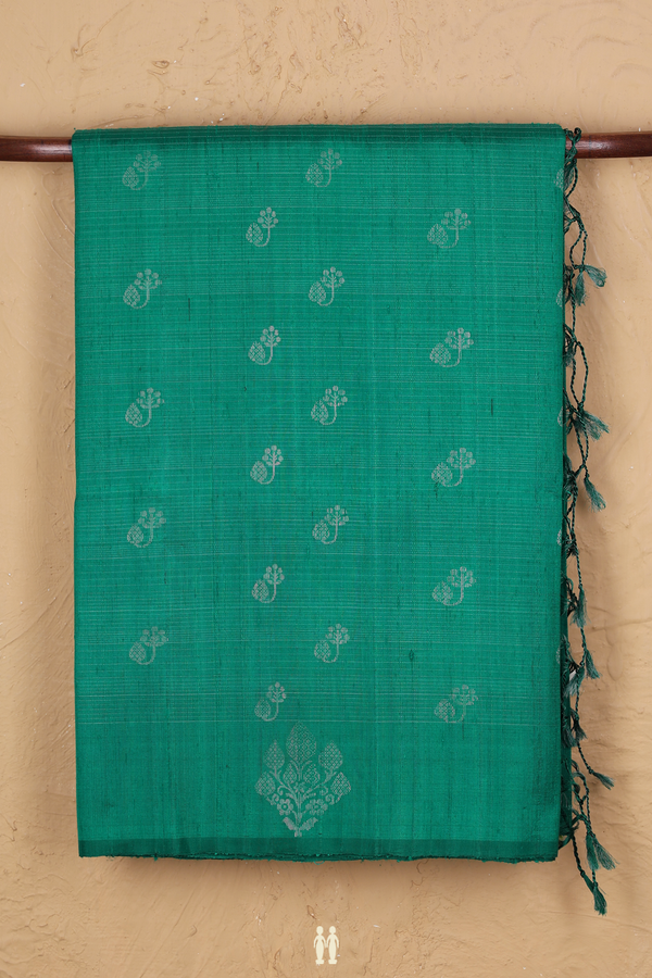 Raw Silk Saree In Peacock Green Along Stripes With Buttas