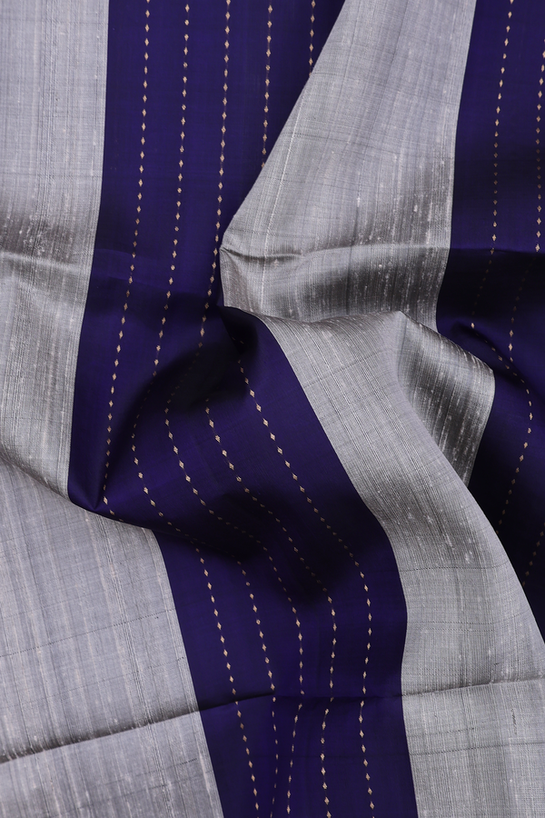 Raw Silk Saree In Grey And Blue With Stripes Design