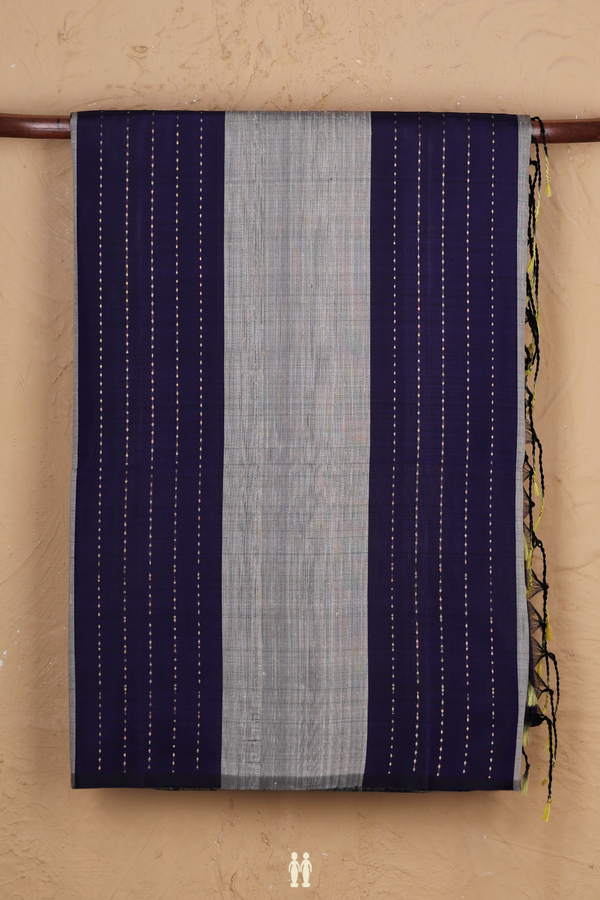 Raw Silk Saree In Grey And Blue With Stripes Design