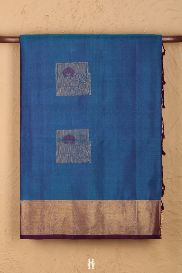 Soft Silk Saree In Cerulean Blue With Square Motifs