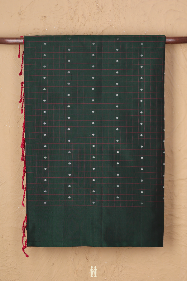 Soft Silk Saree In Forest Green With Checks Design