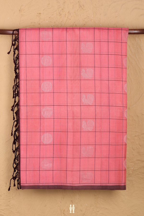 Soft Silk Saree In Pink With Checks Design