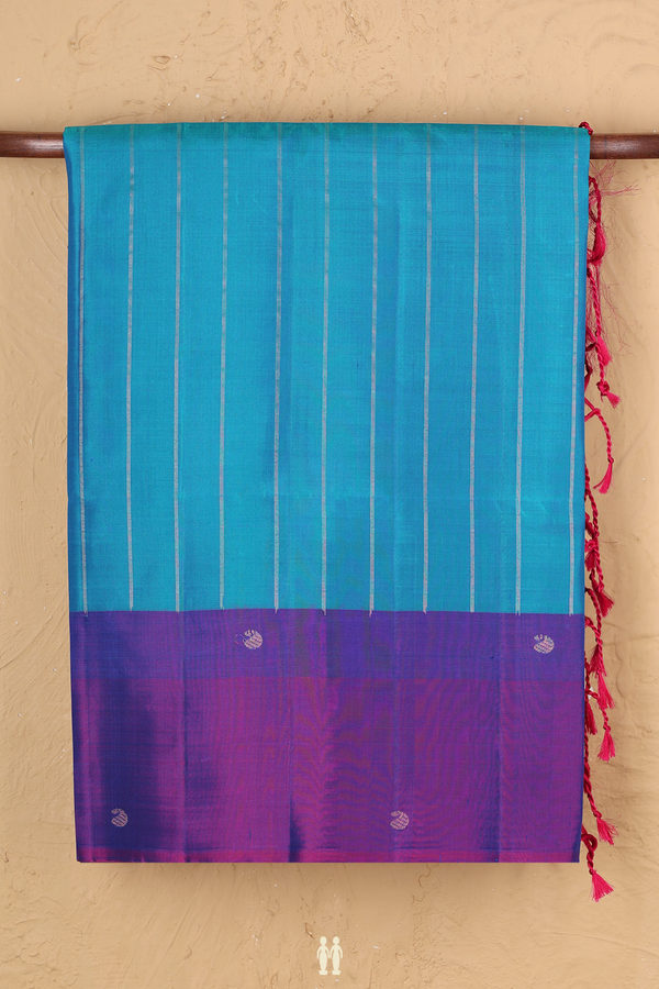 Soft Silk Saree In Cerulean Blue With Stripes Design