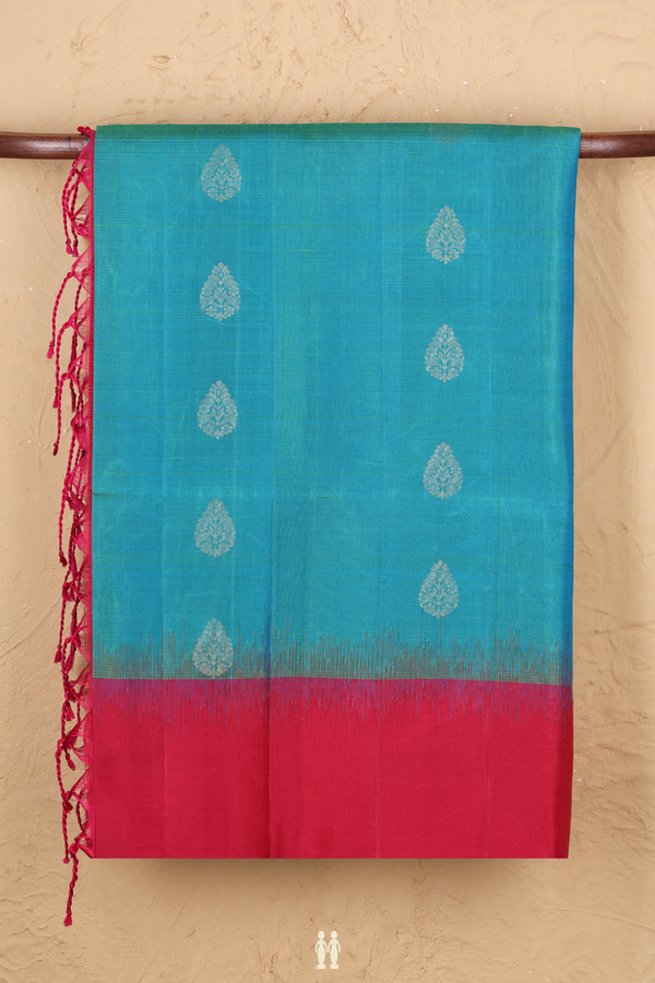 Soft Silk Saree In Greenish Blue With Zari Buttas