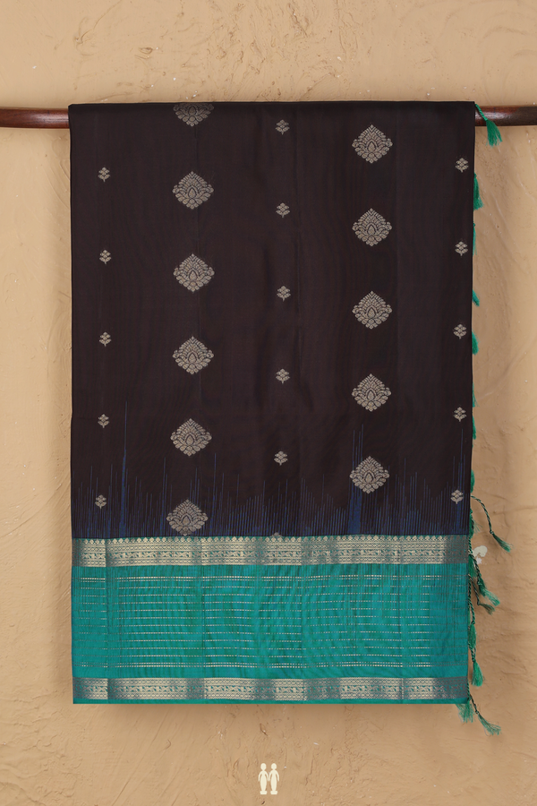 Soft Silk Saree In Dark Oak Brown With Zari Buttas