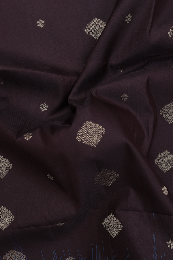 Soft Silk Saree In Dark Oak Brown With Zari Buttas