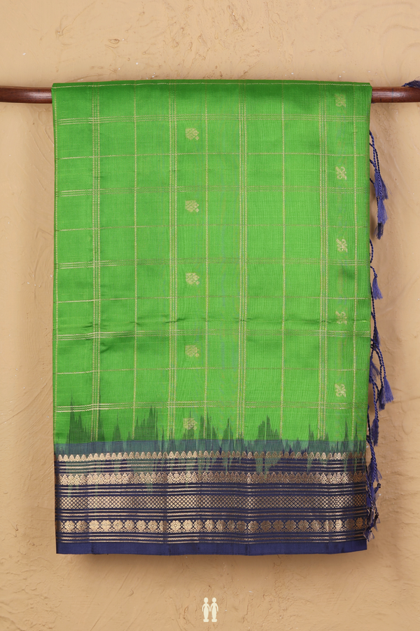 Soft Silk Saree In Leaf Green With Checks Design