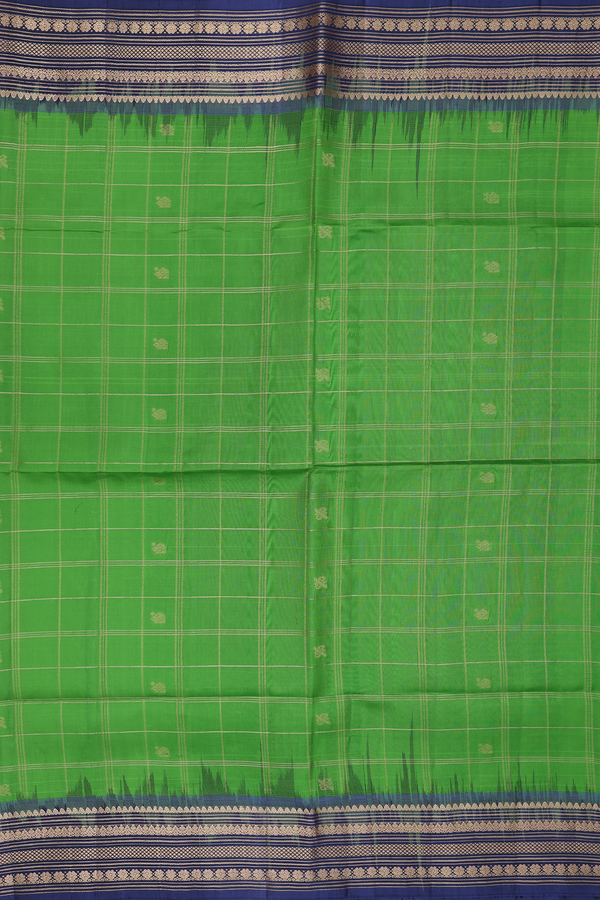 Soft Silk Saree In Leaf Green With Checks Design