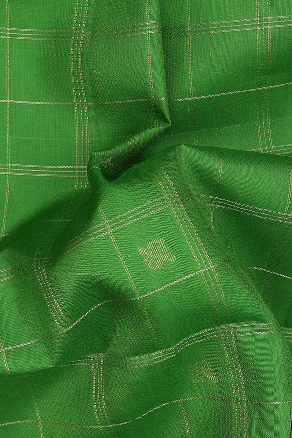 Soft Silk Saree In Leaf Green With Checks Design