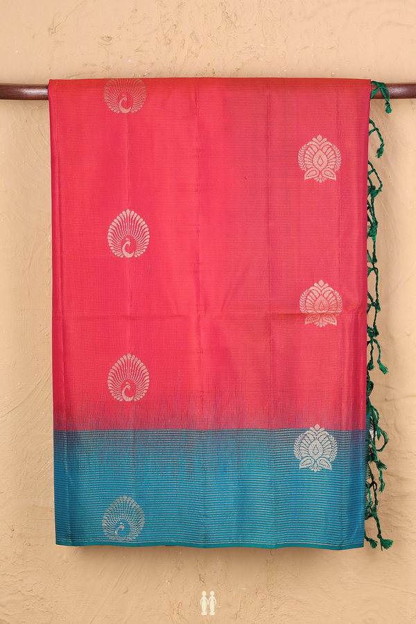 Soft Silk Saree In Coral Pink With Peacock Buttas
