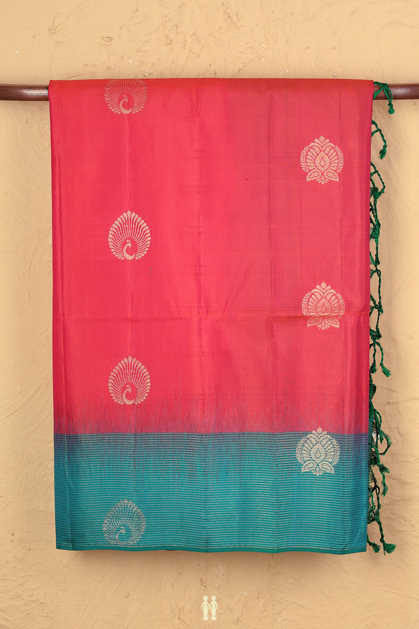 Soft Silk Saree In Coral Pink With Peacock Buttas