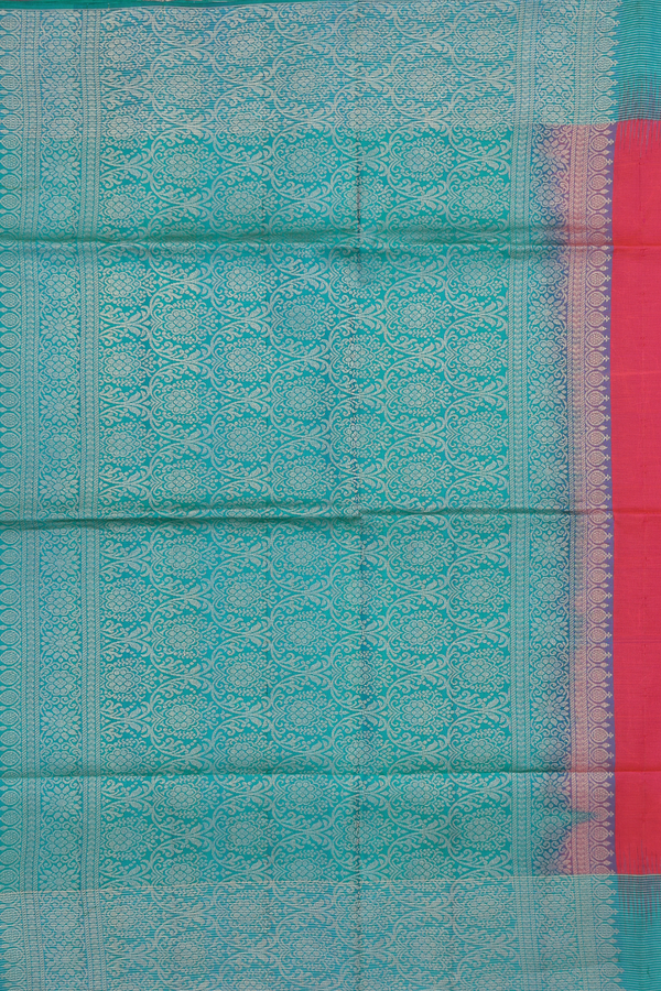 Soft Silk Saree In Coral Pink With Peacock Buttas