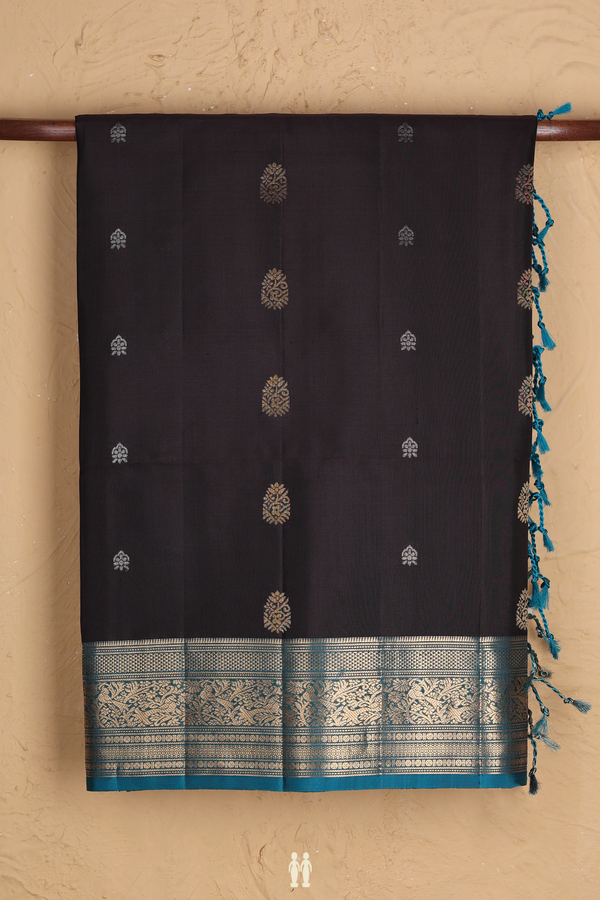 Soft Silk Saree In Dark Coffee Brown With Zari Buttas