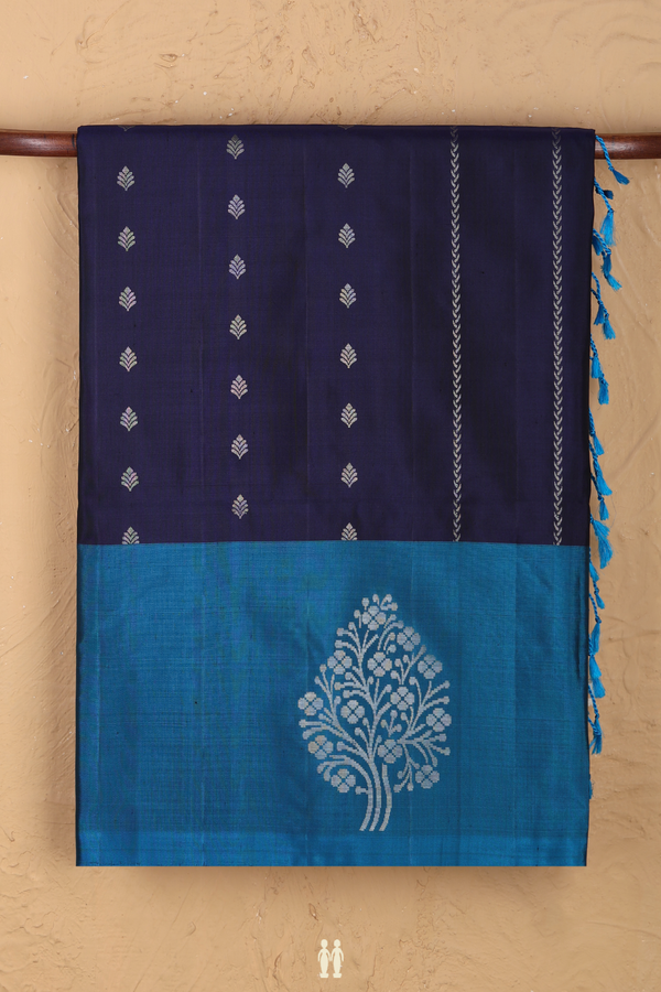Soft Silk Saree In Navy Blue With Stripes Design