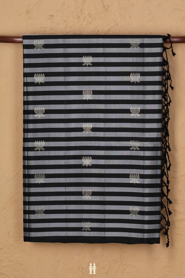Soft Silk Saree In Black And Grey Along Stripes With Buttas