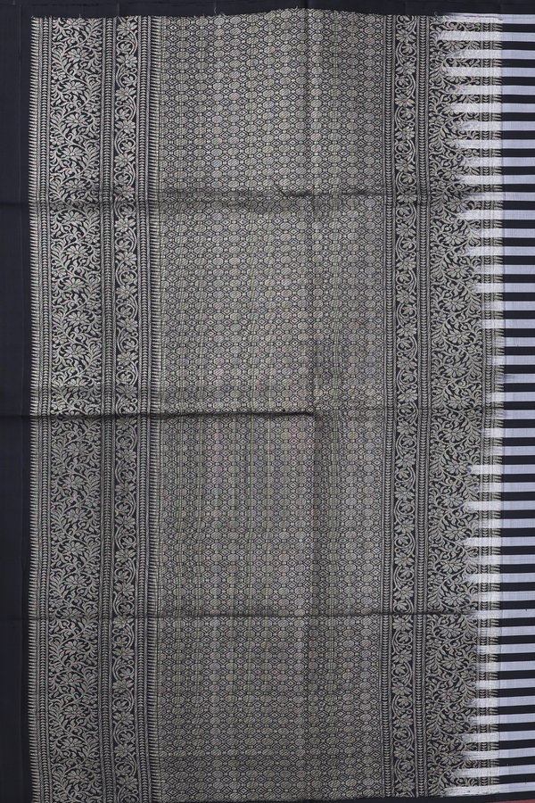 Soft Silk Saree In Black And Grey Along Stripes With Buttas