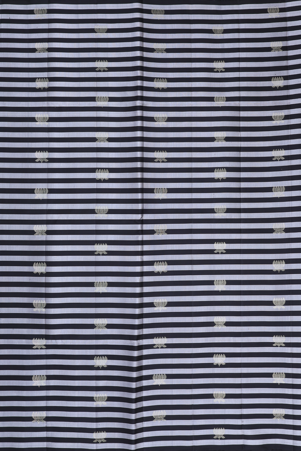 Soft Silk Saree In Black And Grey Along Stripes With Buttas
