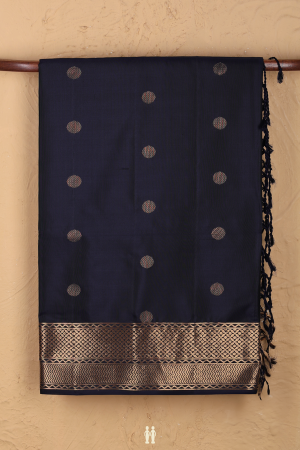 Soft Silk Saree In Navy Blue With Rudraksh Buttas