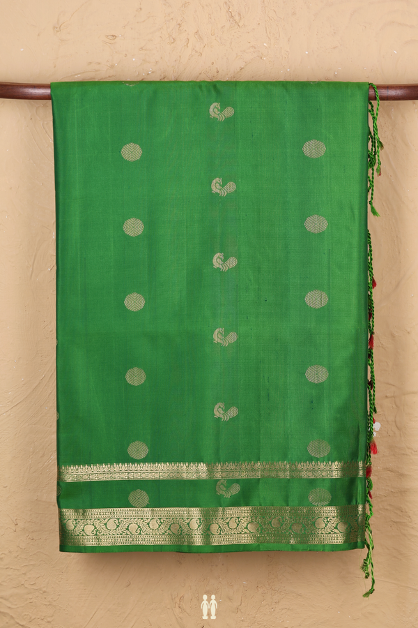 Soft Silk Saree In Leaf Green With Rudraksh Buttas