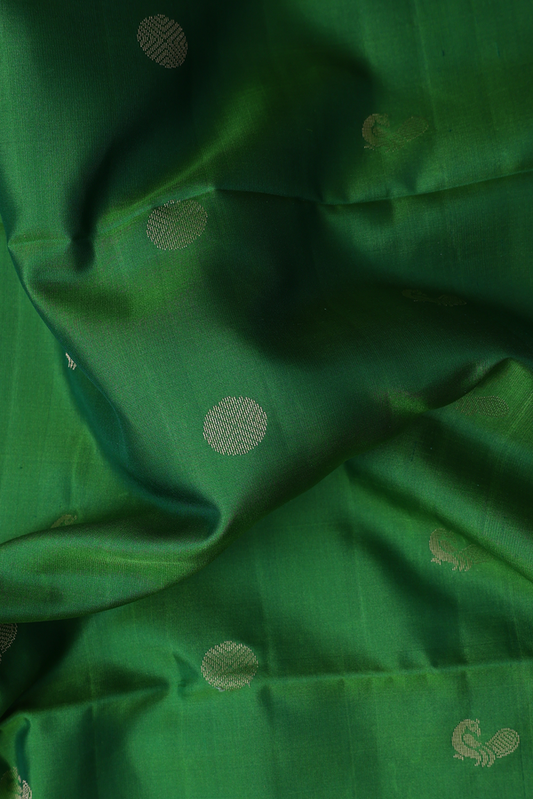 Soft Silk Saree In Leaf Green With Rudraksh Buttas